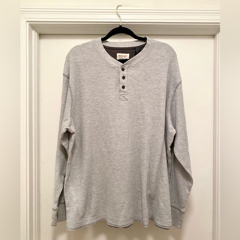 Wrangler Henley Shirt Men’s Size XXL Gray Waffle Knit Long Sleeve Crewneck